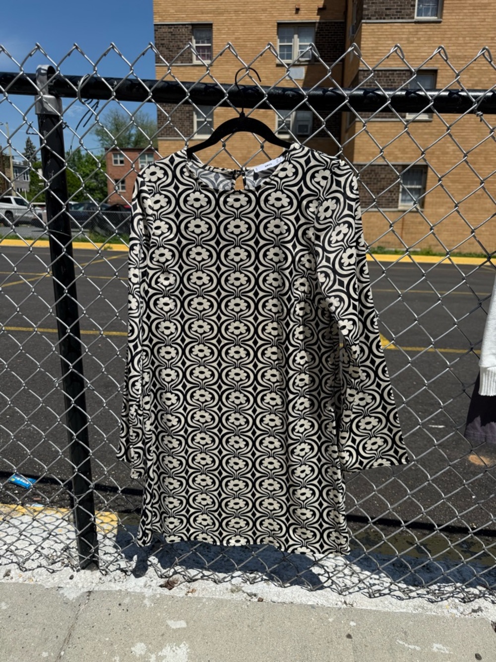 Mango Black and White Geometric Long-Sleeve Dress